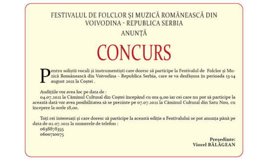 Festivalul de Folclor și Muzică Românească din Voivodina – Republica Serbia anunţă concurs