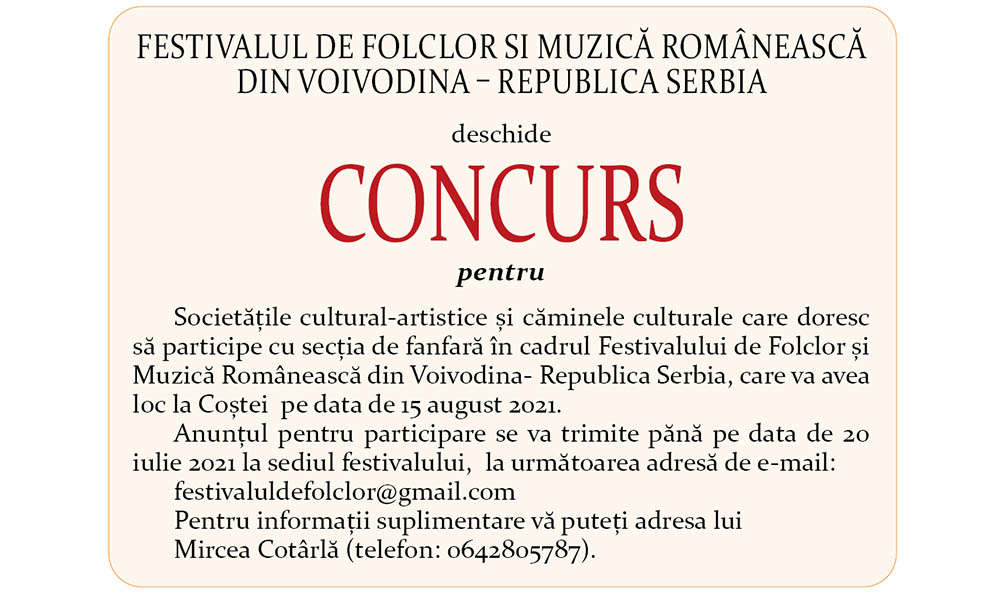 CONCURS-Festivalul de folclor si muzică românească din Voivodina – Republica Serbia